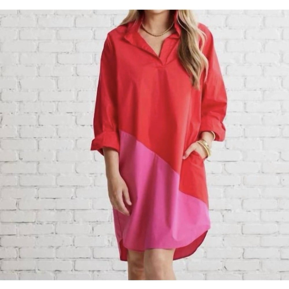 NWT CARYN LAWN‎ Preppy Asymmetrical Shirt Dress in Red/Fuchsia One Size